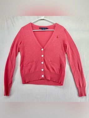 Vintage Ralph Lauren Sport Women Coral Knit Button Cardigan Sweater Size Medium